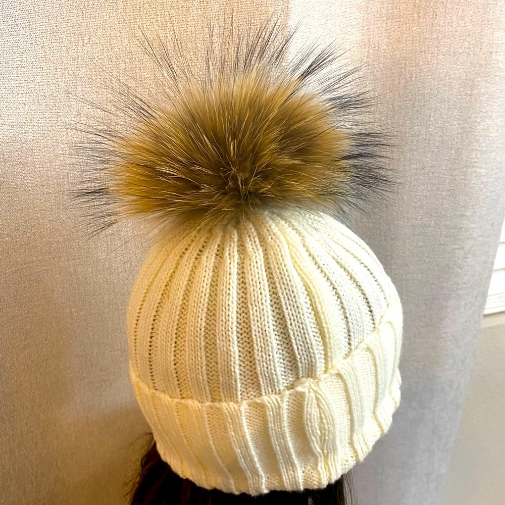 Warm winter beanies with large faux fur pom pom